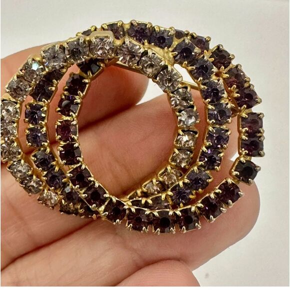 Vintage Purple & Clear Rhinestone Triple Circle Brooch - Picture 3 of 5